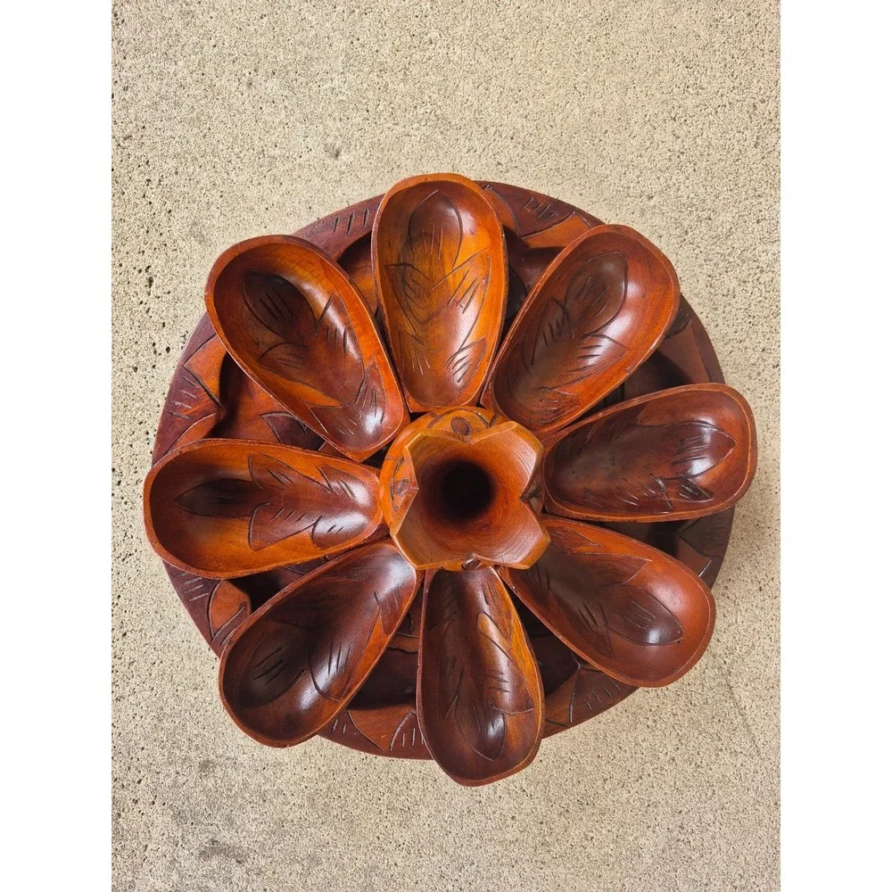 Vintage‎ Hand Carved Wood Snack Serving Set Tray Bowls Mid Century Boho
