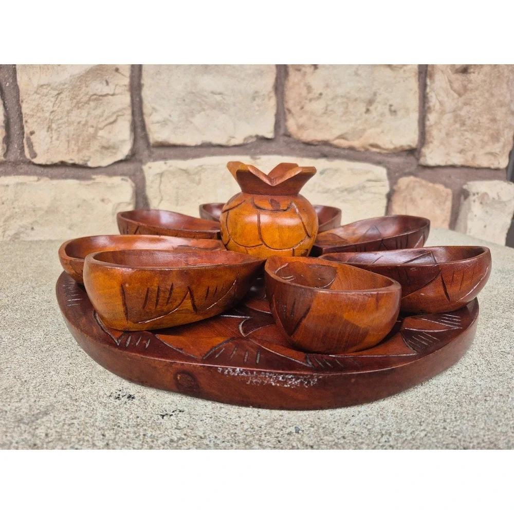 Vintage‎ Hand Carved Wood Snack Serving Set Tray Bowls Mid Century Boho