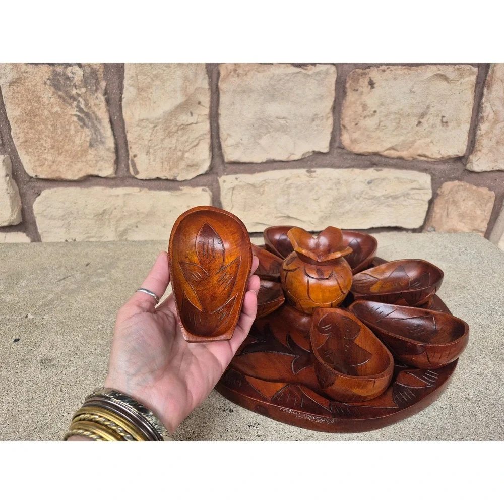 Vintage‎ Hand Carved Wood Snack Serving Set Tray Bowls Mid Century Boho