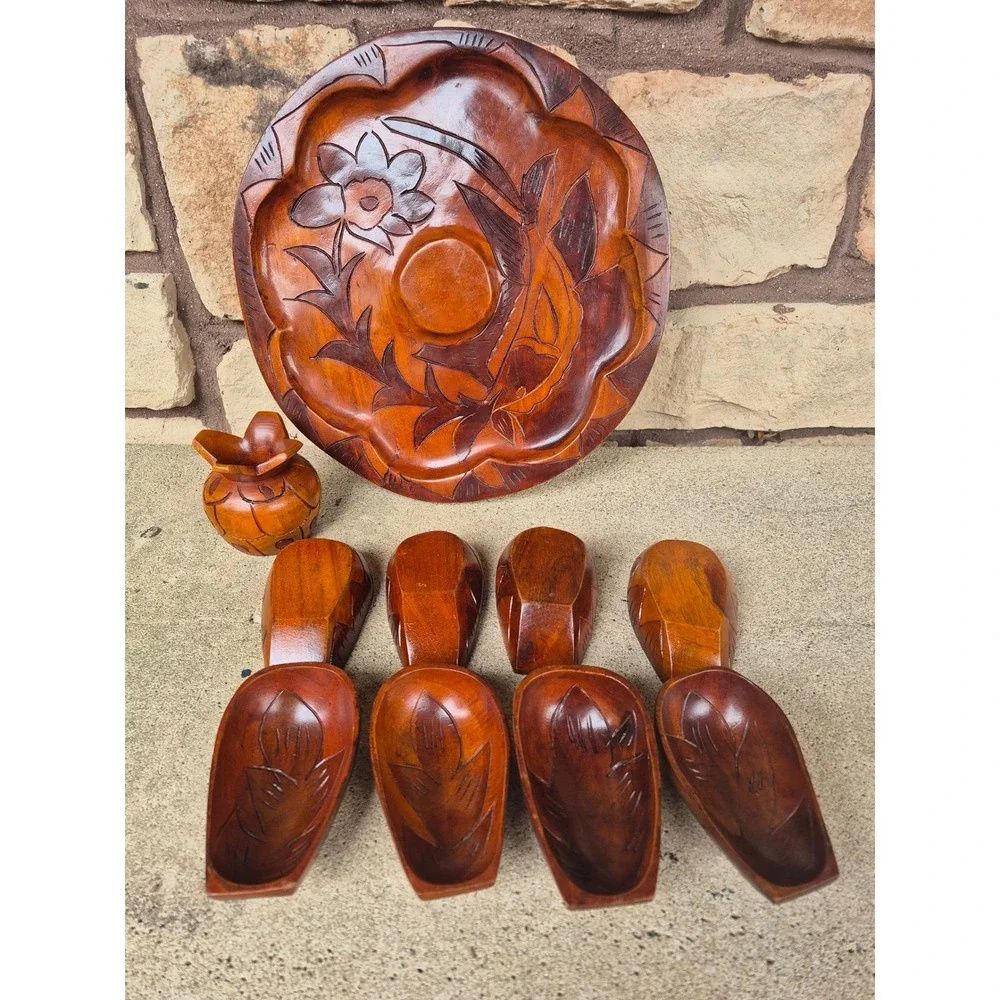 Vintage‎ Hand Carved Wood Snack Serving Set Tray Bowls Mid Century Boho