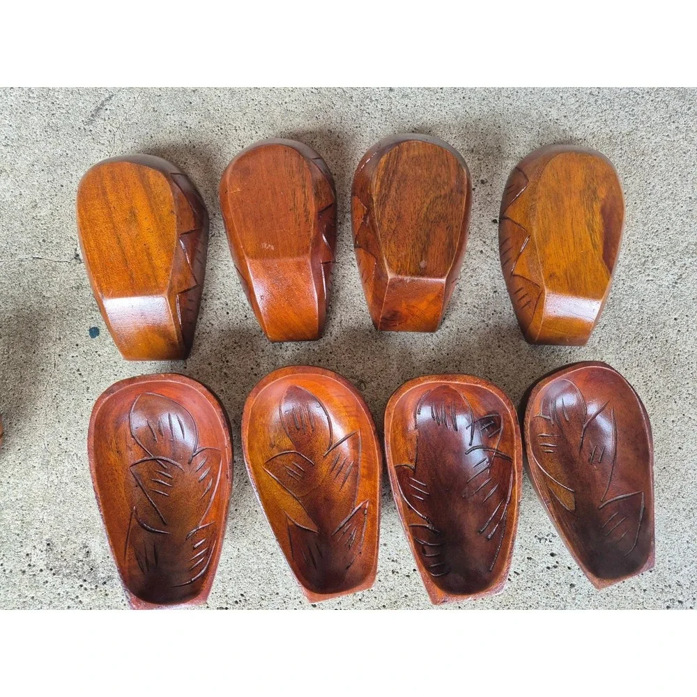 Vintage‎ Hand Carved Wood Snack Serving Set Tray Bowls Mid Century Boho