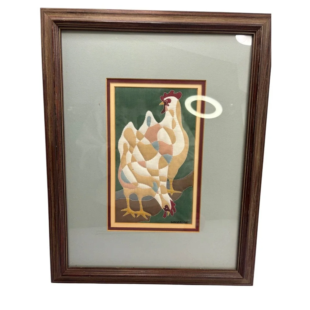 Vintage Woodrome‎ Fabric Applique Rooster Hen Textile Art Framed Farmhouse Decor