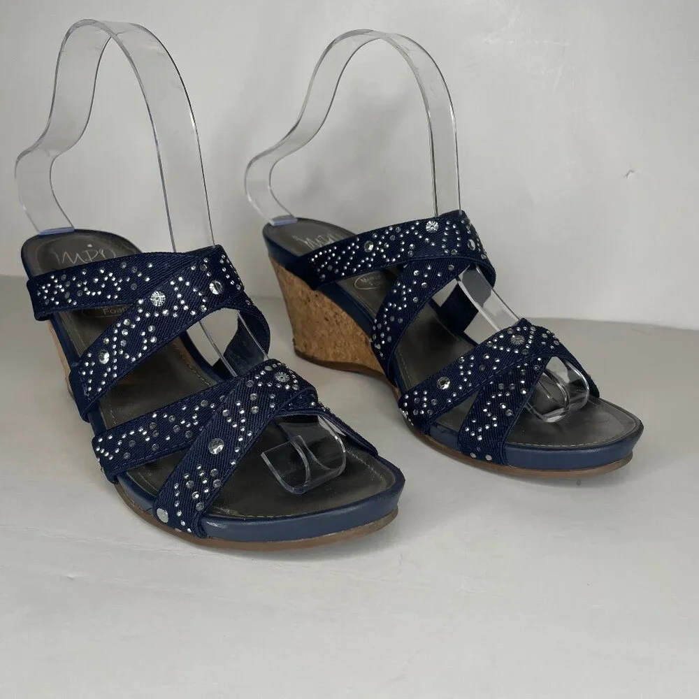 IMPO Vena Navy Blue Rhinestone Stretch Wedge Sandals Size 8