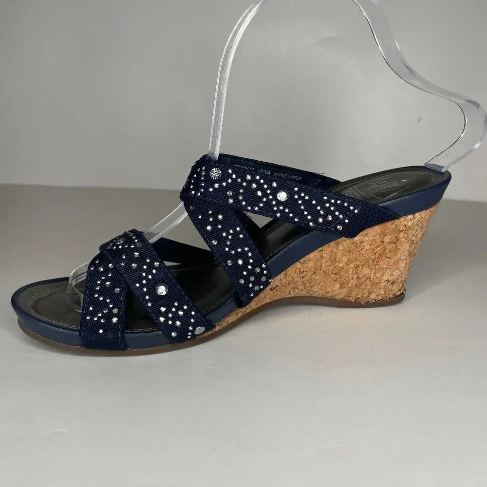 IMPO Vena Navy Blue Rhinestone Stretch Wedge Sandals Size 8