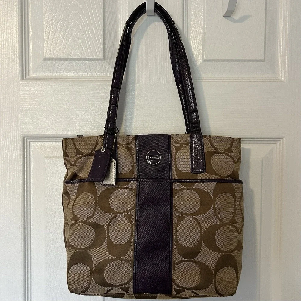 Coach Signature Stripe Satchel With Patent‎ Leather Trim Purple Bag