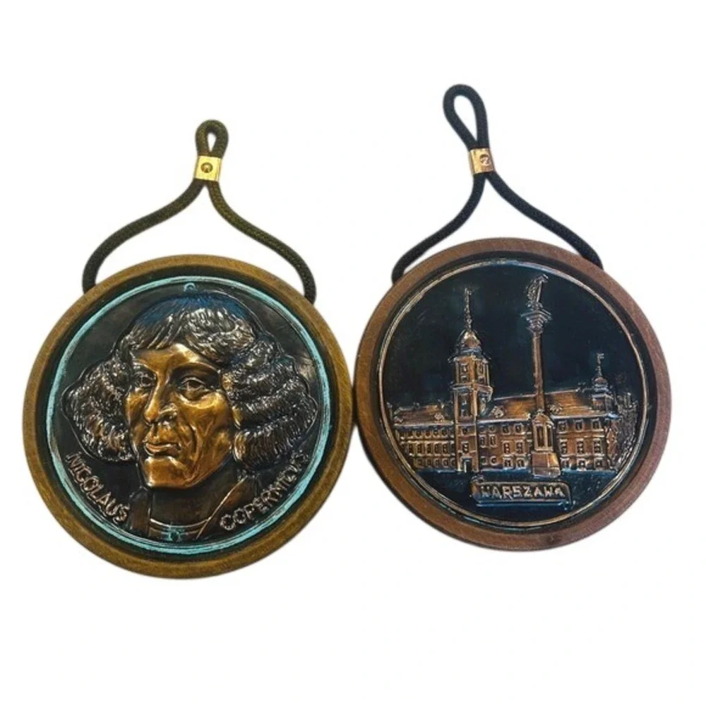 Vintage Polish Copper Relief Wall‎ Plaques Nicolaus Copernicus & Warszawa Set 2