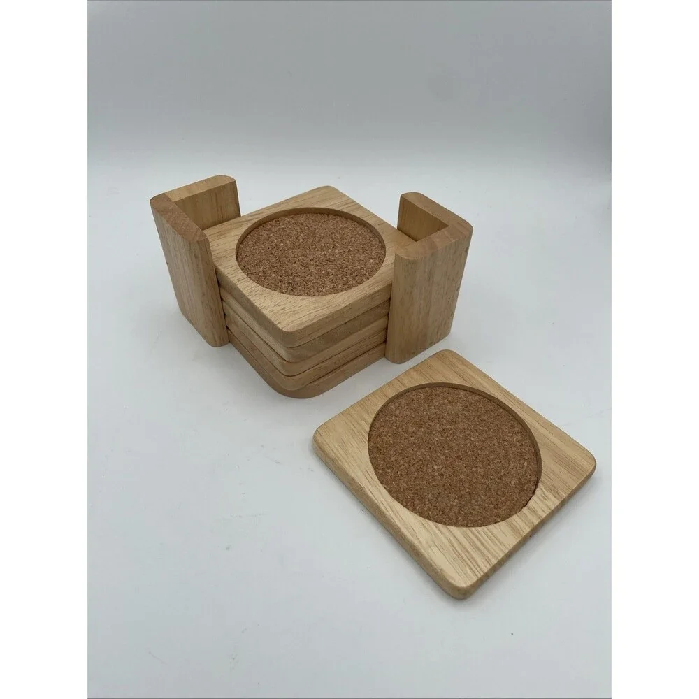 Set Of 5 MCM Vintage Light Wood Drink Coaster Set with Holder CORK TAIWAN