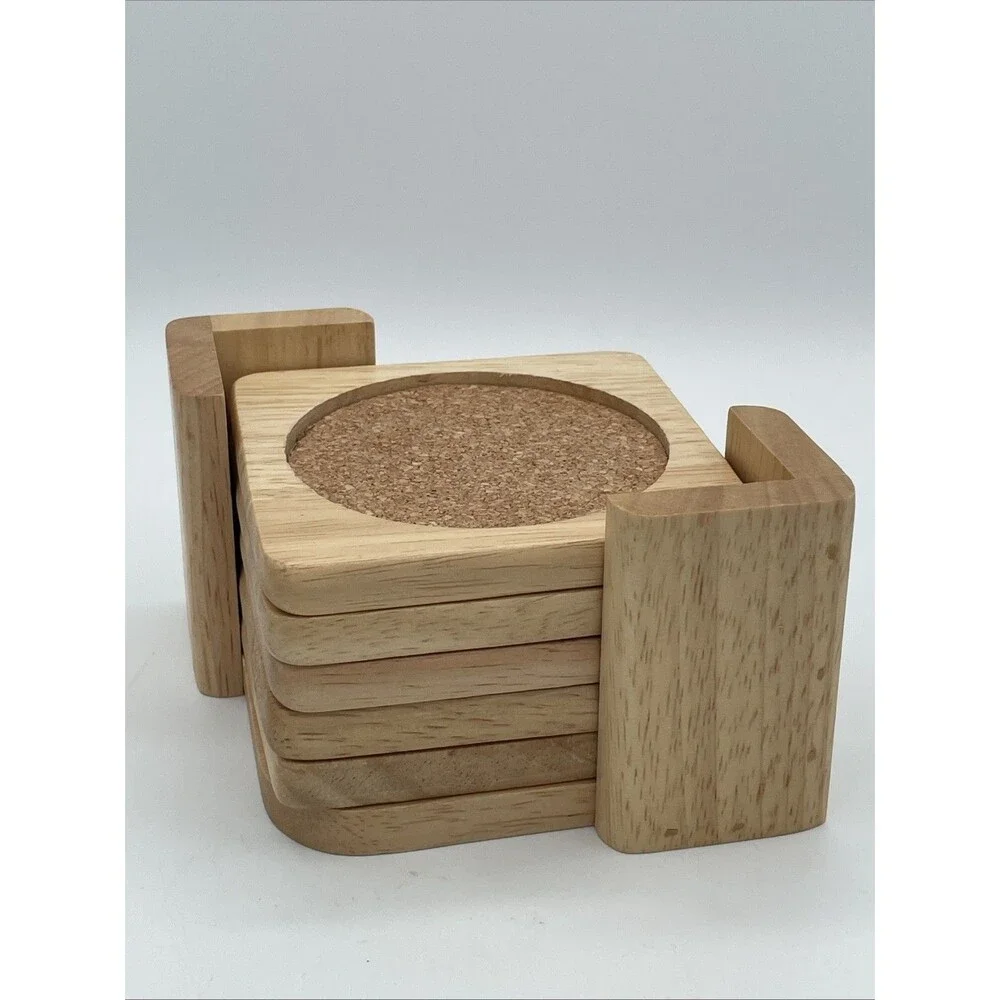 Set Of 5 MCM Vintage Light Wood Drink Coaster Set with Holder CORK TAIWAN