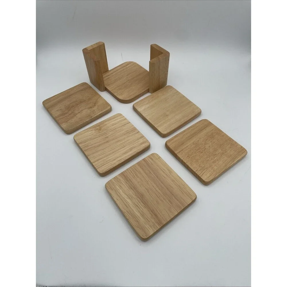 Set Of 5 MCM Vintage Light Wood Drink Coaster Set with Holder CORK TAIWAN