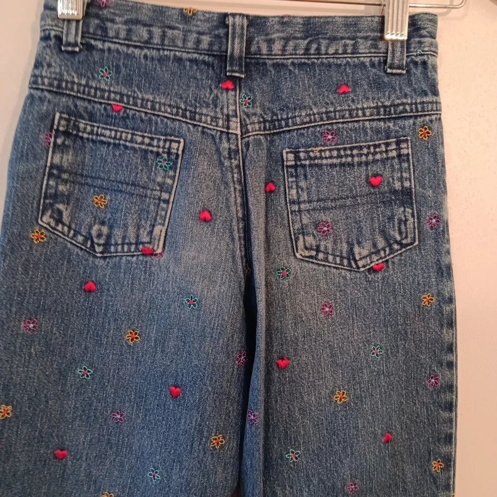 VTG Y2K Health Tex Girls Club Jeans Embroidered Flowers Hearts‎ Size 7(XS) Denim