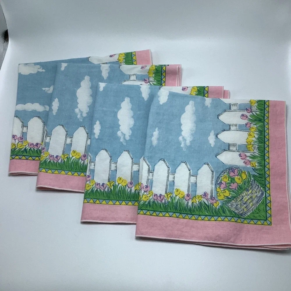 Tobin Easter Meadow Fabric Napkins Set of 4‎ Spring Scene White Picket Fence VTG