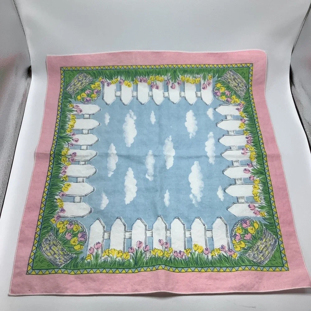 Tobin Easter Meadow Fabric Napkins Set of 4‎ Spring Scene White Picket Fence VTG