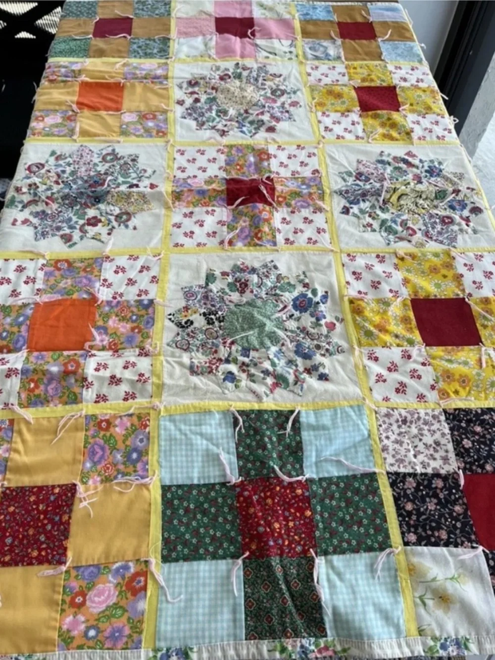 Feedsack Floral Patch Patchwork Quilt Throw Handmade Red Blue Vintage 50s 60s