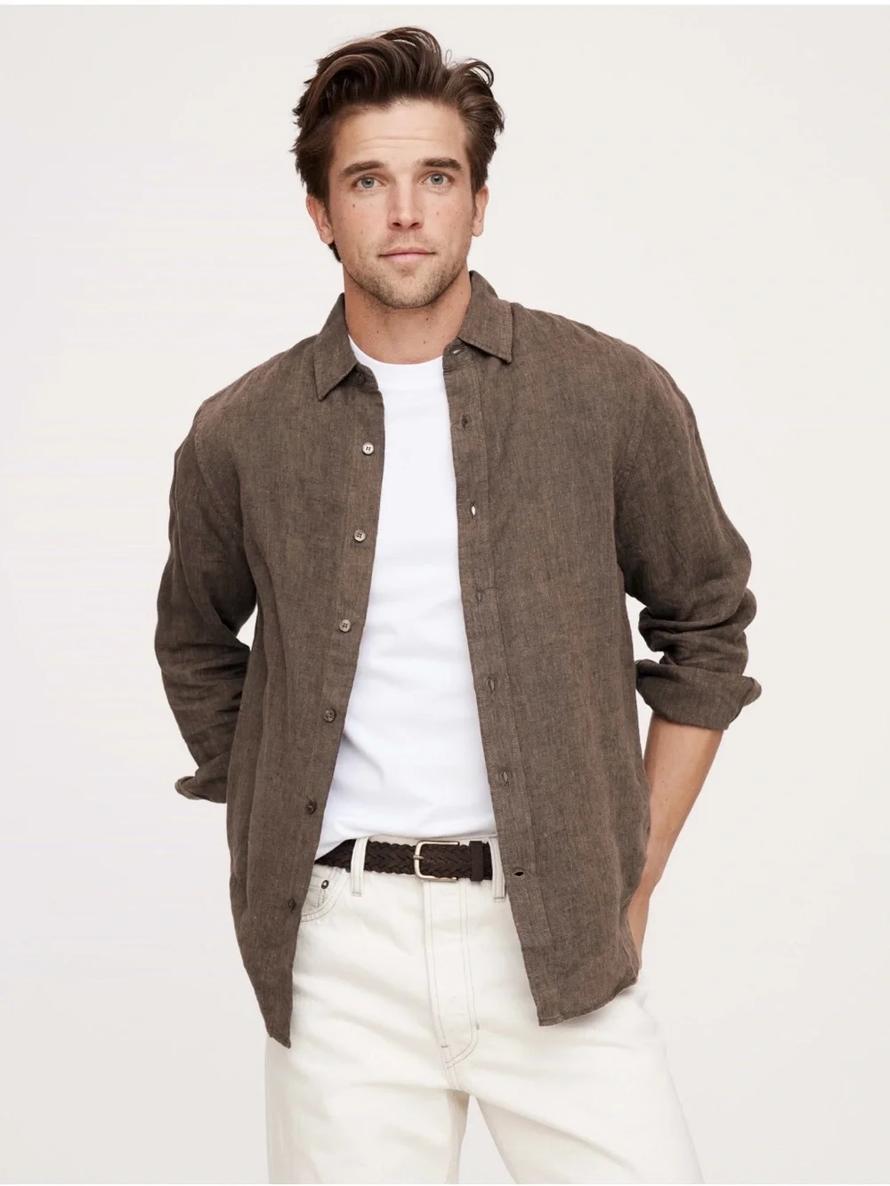 NWT Banana Republic Slim Fit Brown Linen Shirt Men’s Sz S (#804341)