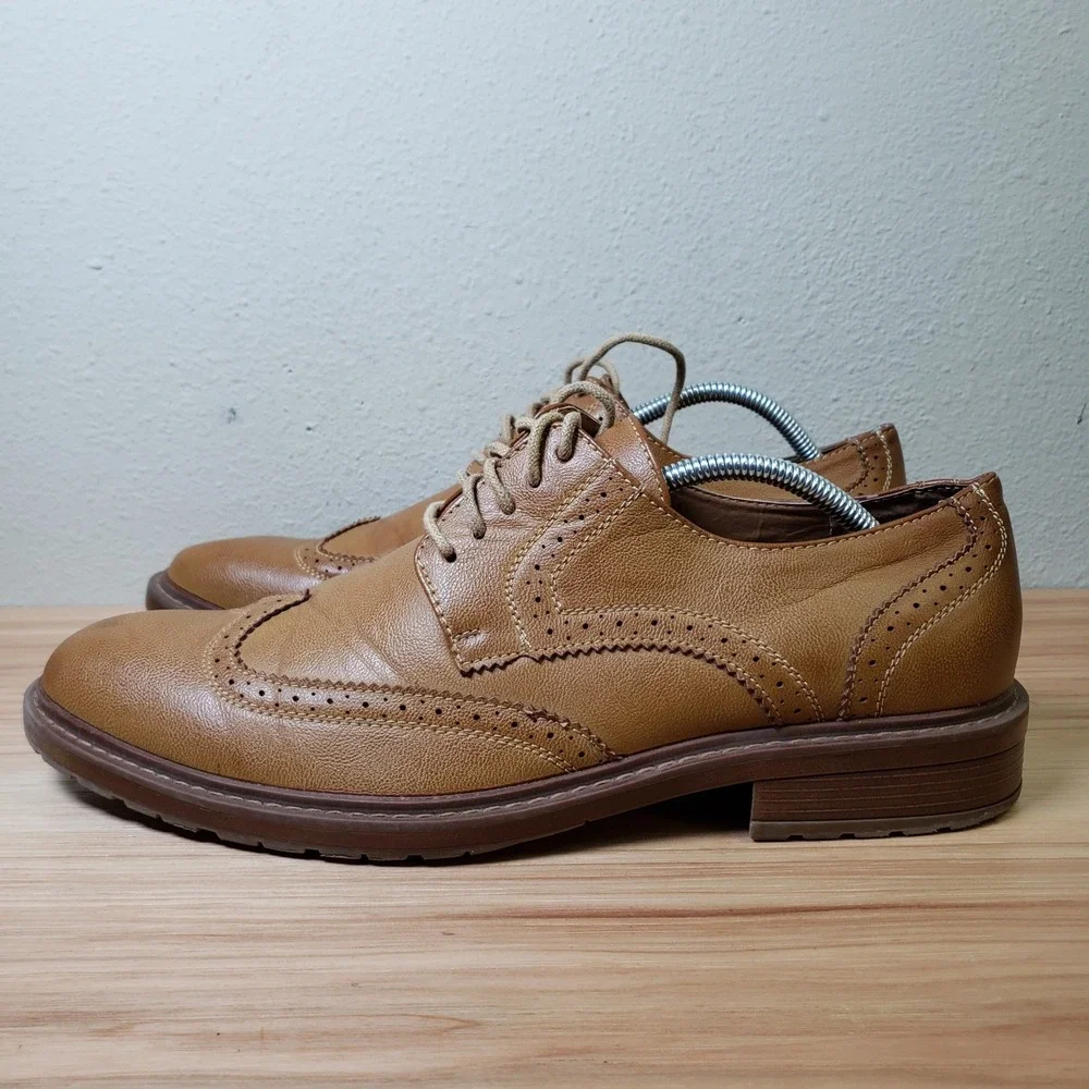 Wingtip Oxford Shoes Light Brown Borogue Perforated Faux Leather Office 11.5