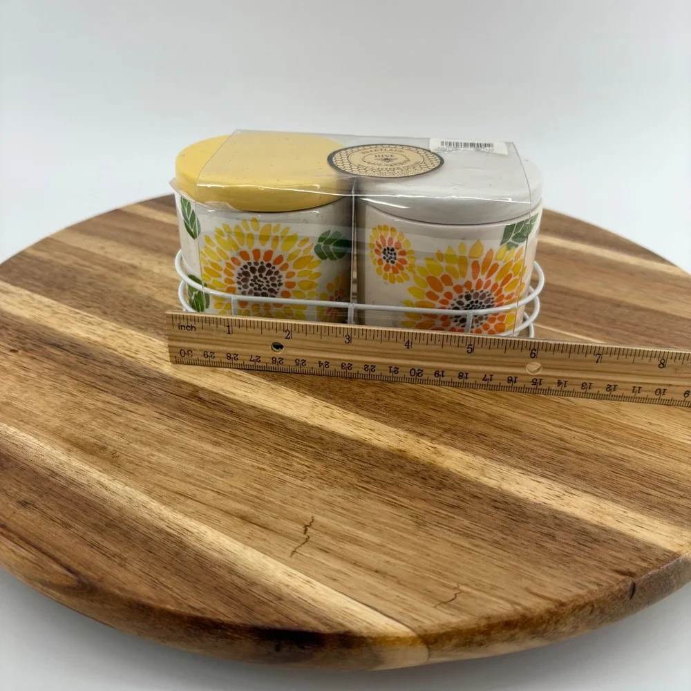 Heartland Hive Sunflower Salt & Pepper Cellars Jars‎ Set Ceramic Metal Holder