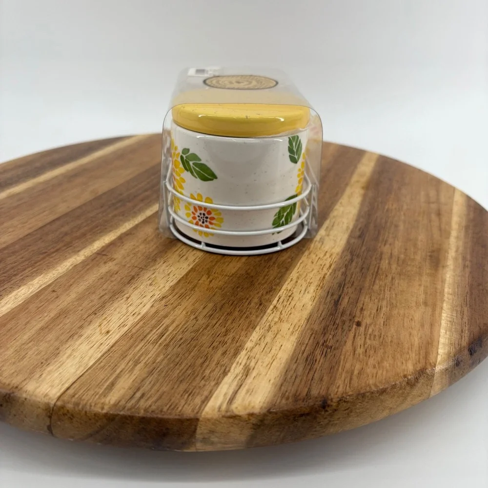 Heartland Hive Sunflower Salt & Pepper Cellars Jars‎ Set Ceramic Metal Holder