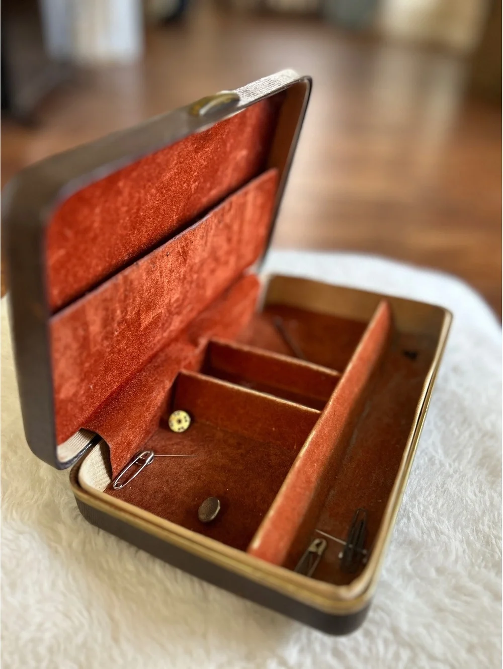 Vintage Suede Jewelry Box with Floral Closure and Velvet Interior