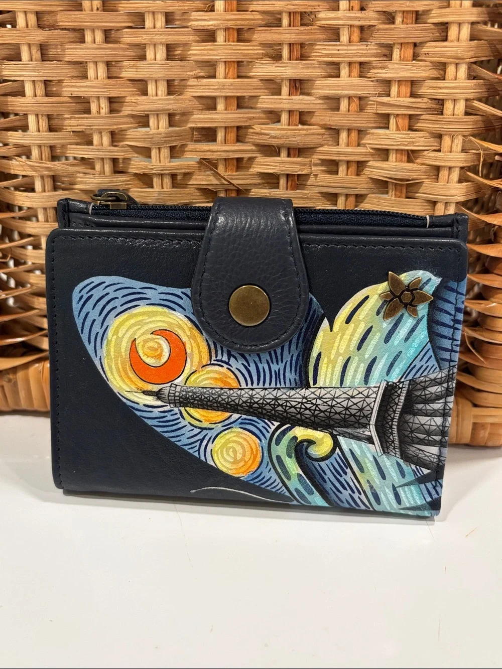 Anuschka Hand-Painted Love in Paris Butterfly Navy RFID Bifold Wallet  NWOT