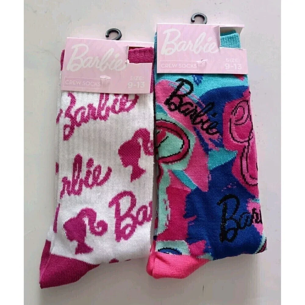 Mattel Barbie Logos Themed Crew Socks 2-Pack Pink Size 9-13 Women New Barbicorel
