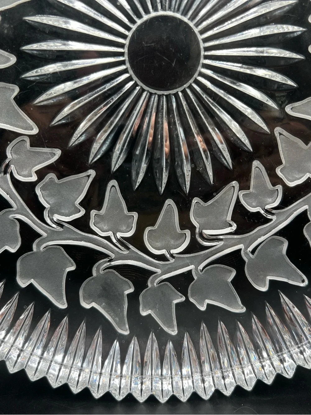 Vintage Frosted Ivy Leaf Glass Serving Plate Platter 11.75” Heavy Sawtooth Edge