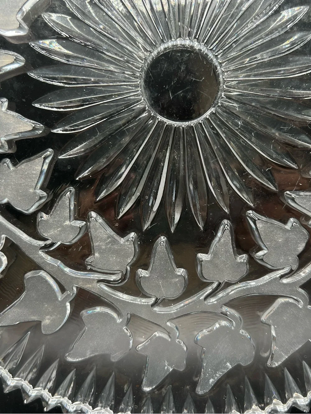 Vintage Frosted Ivy Leaf Glass Serving Plate Platter 11.75” Heavy Sawtooth Edge