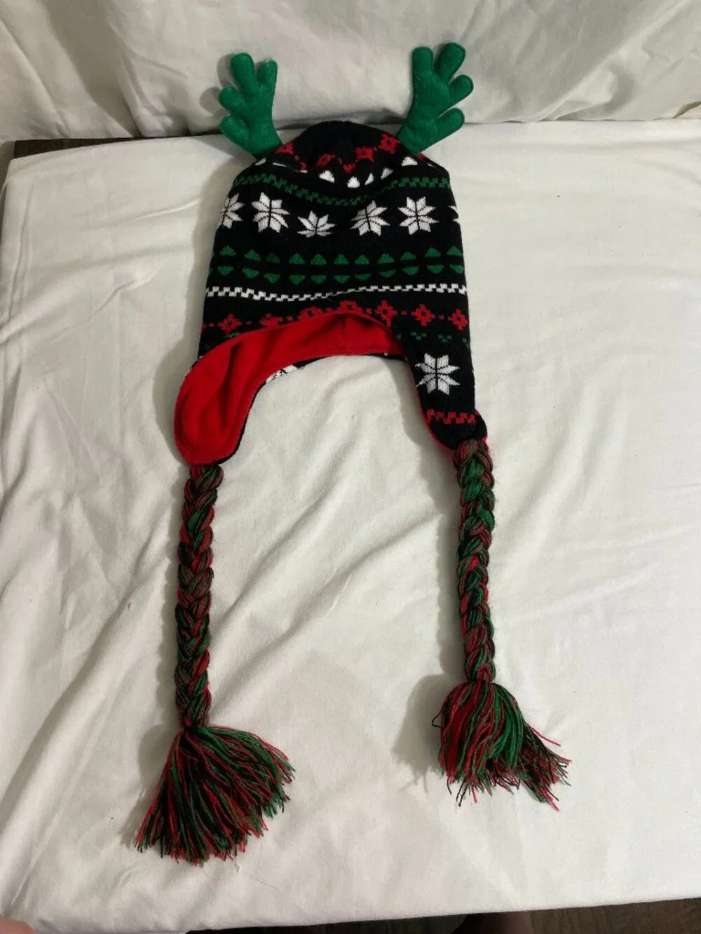 Christmas Reindeer Antler Ear Flap Knit Hat Braided Tassels Fleece Lined OSFM