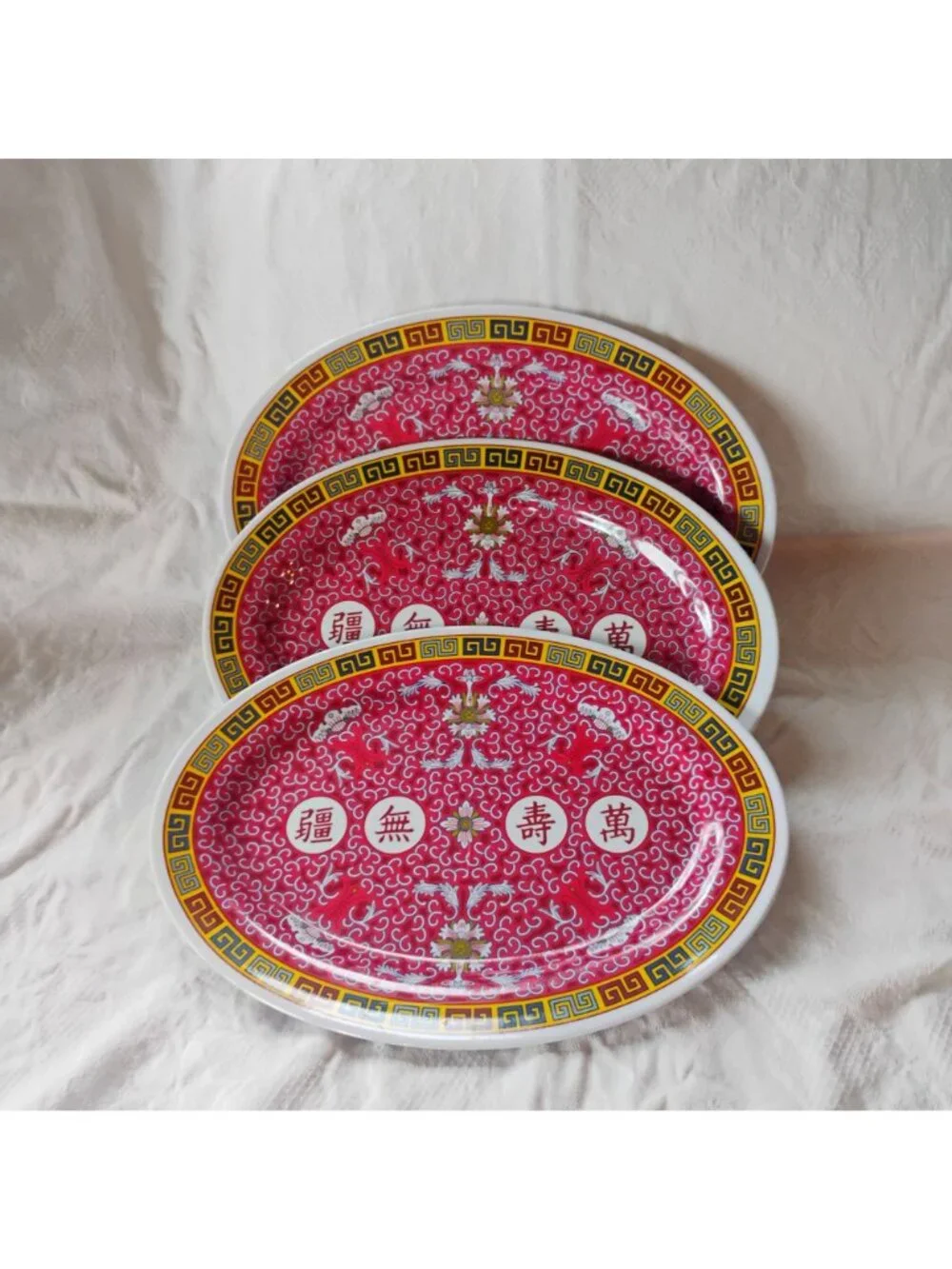 Set Of 3 Vtg Chinese Longevity Pattern Melamine Oval Platters 14