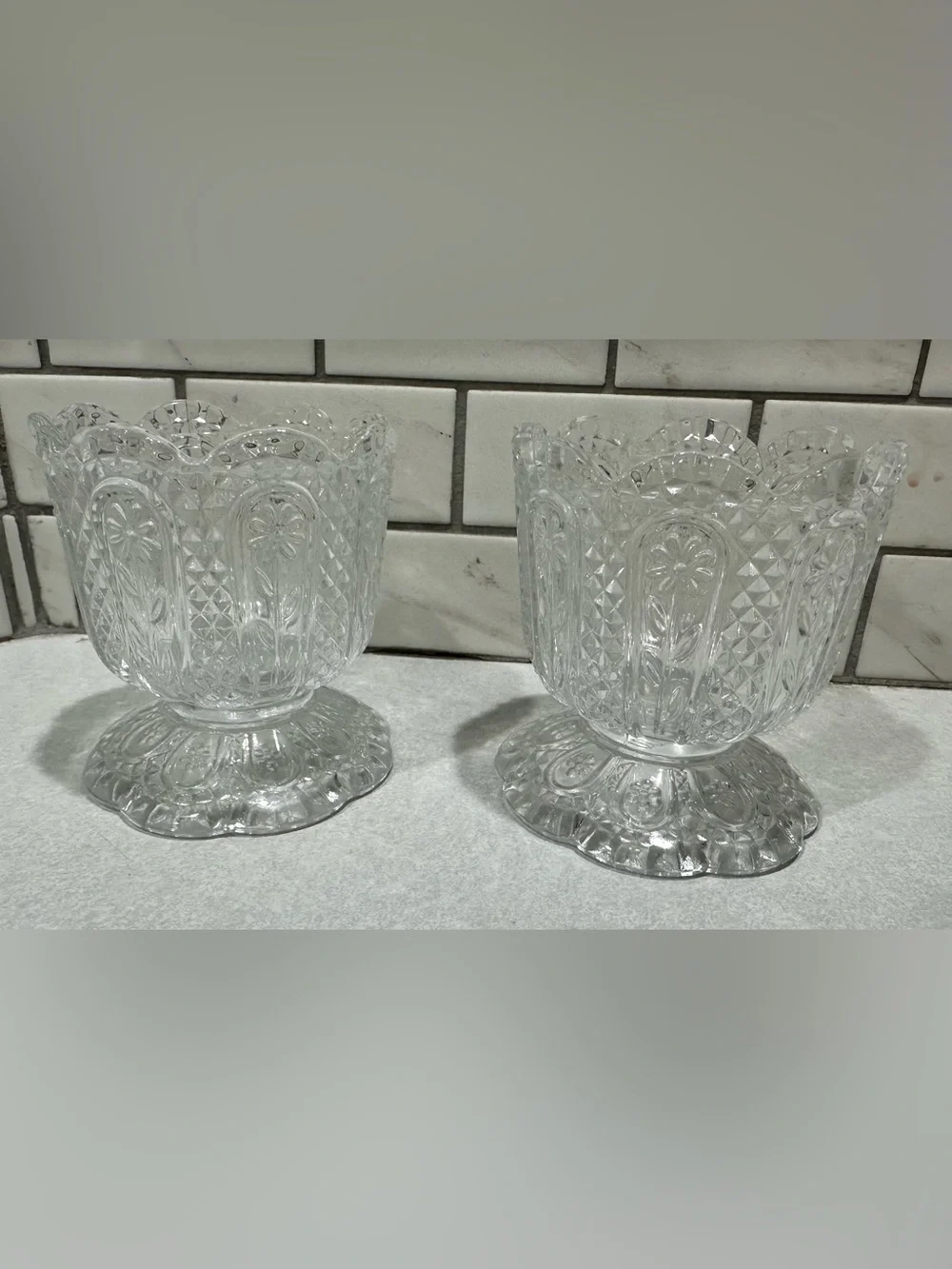 VTG Avon Fostoria Clear Pressed Glass Footed Vase/Candy Dish - 2 Piece Set