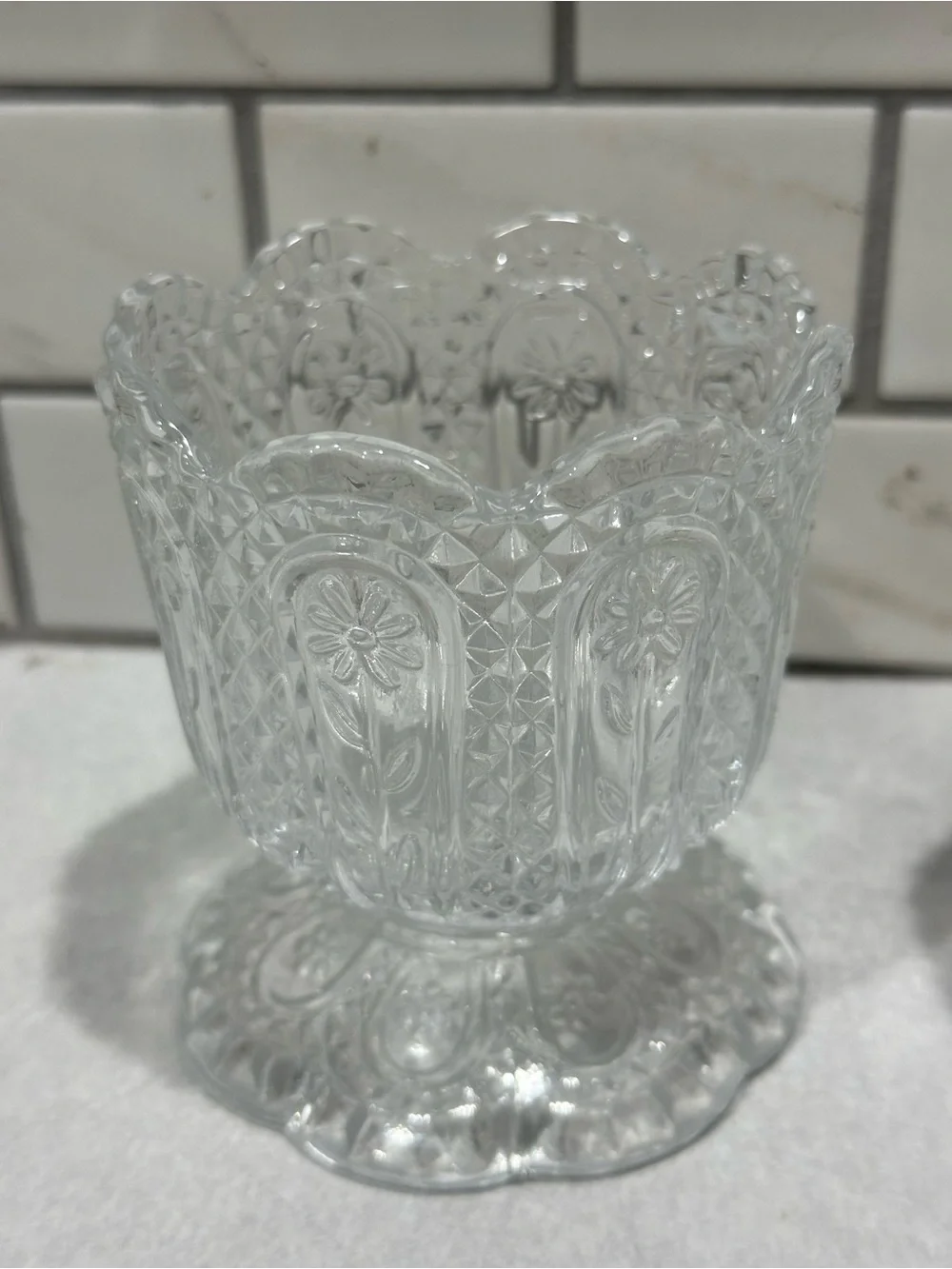 VTG Avon Fostoria Clear Pressed Glass Footed Vase/Candy Dish - 2 Piece Set