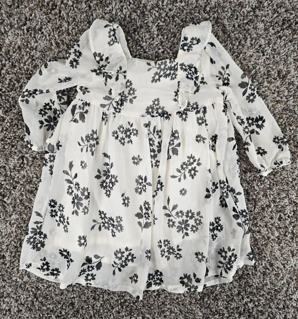 Carters Baby Girls Sz 12M Long Sleeve Dress Black White Floral Chiffon