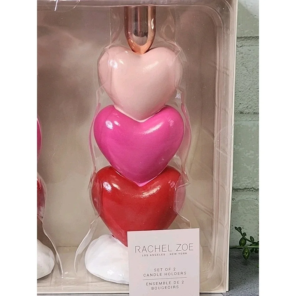 Rachel Zoe Set of 2 Stacked‎ Hearts Pink Red Candle Holders Valentines 8.5