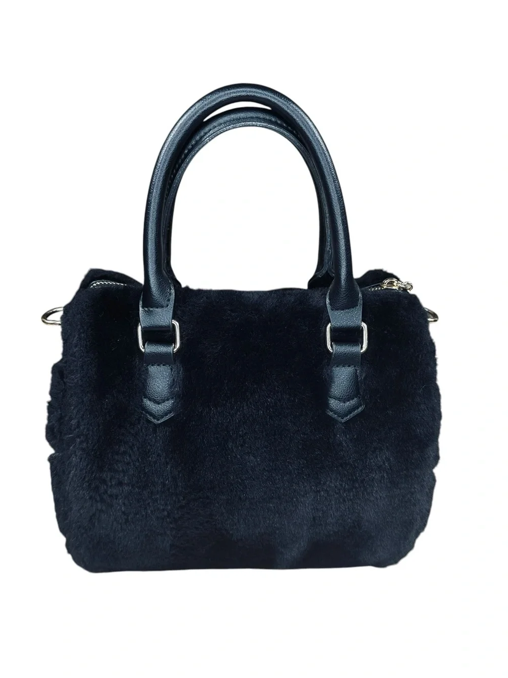 Juicy Couture Let's Get Cozy Black Faux Fur Satchel Purse Heart Logo No Flaws