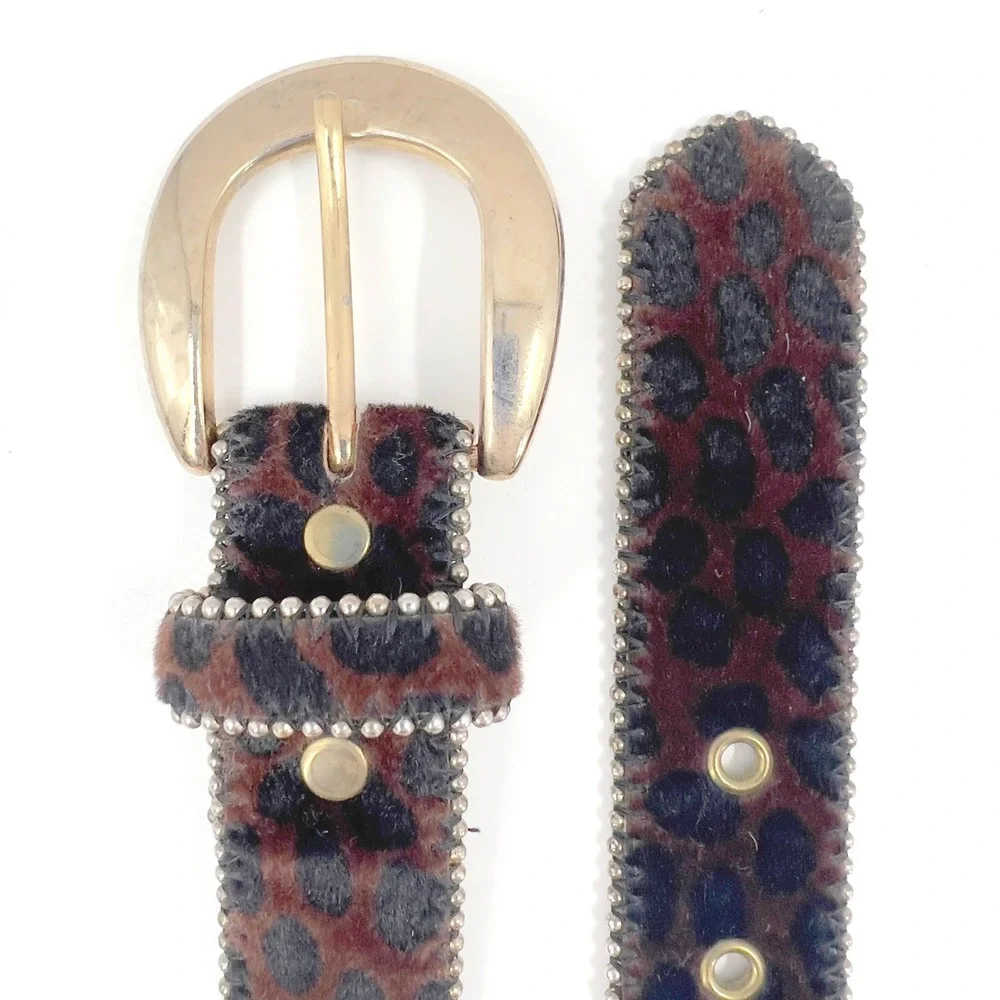 Women's Brown Leopard Faux Pony Hair Belt Beaded Edge Statement Vintage 90s L
