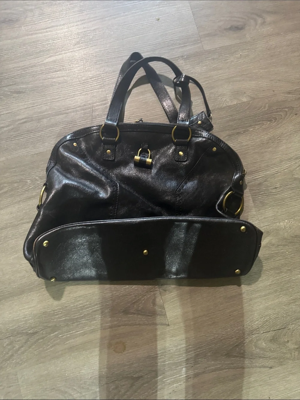 Black Leather Duffel Bag with Brass Hardware - Men