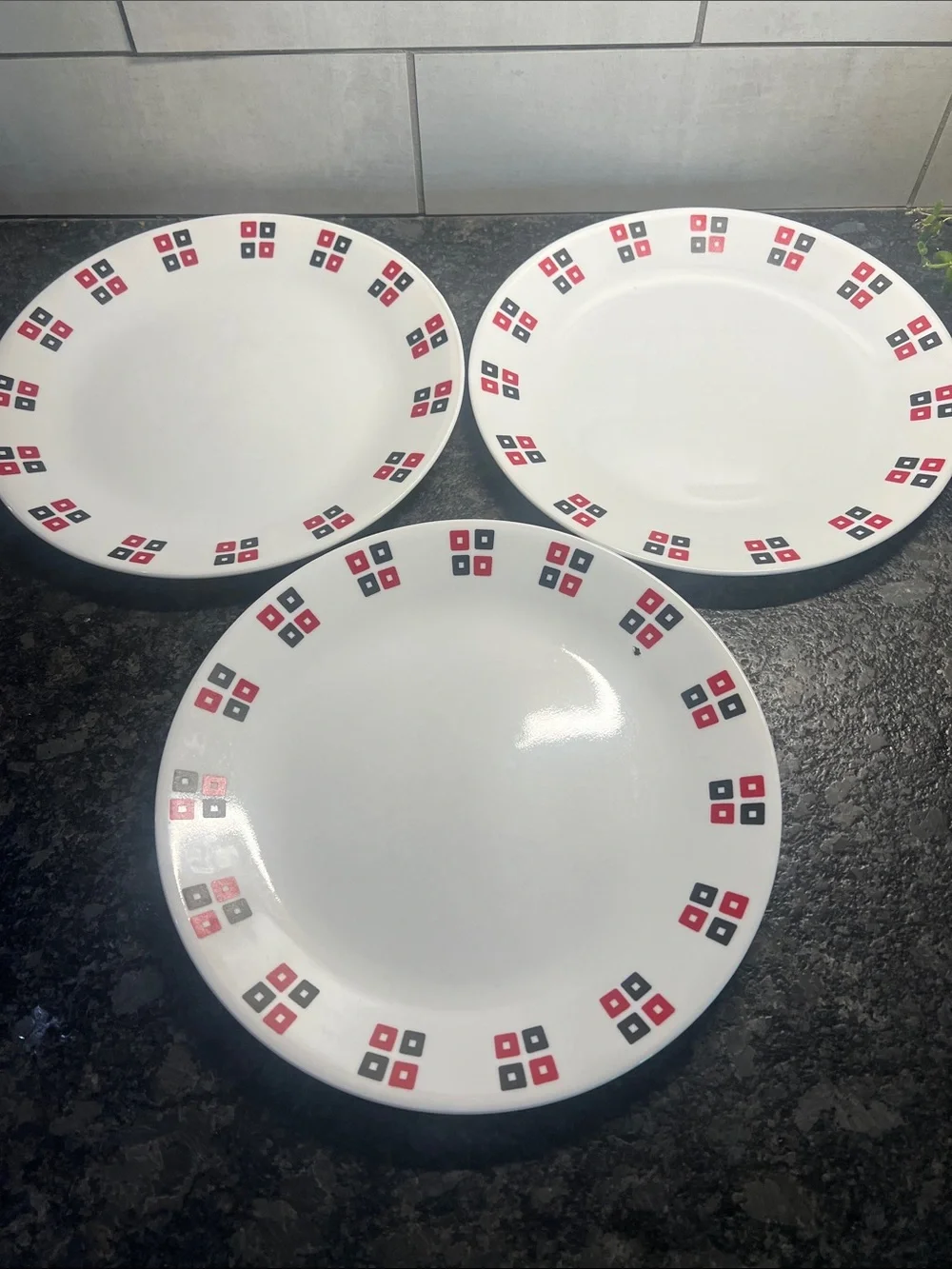 Uptown Vintage Corelle Dinner Plates with Red and Black Square Accent - Set of 3