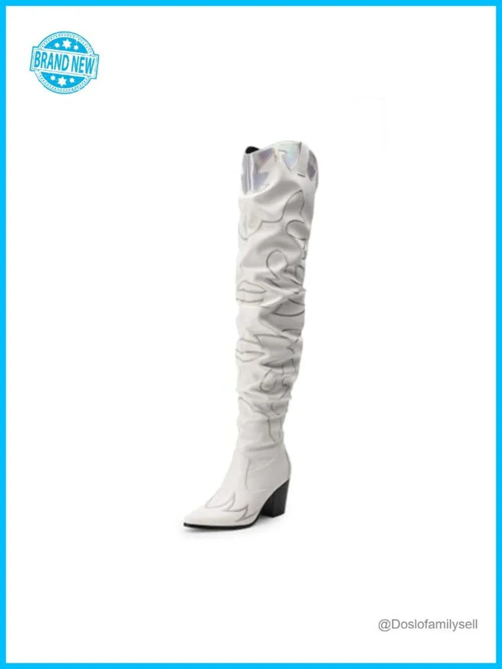 Pointed Toe Over the Knee Cowboy Boots with Embroidery, Chunky Heel, Slouchy