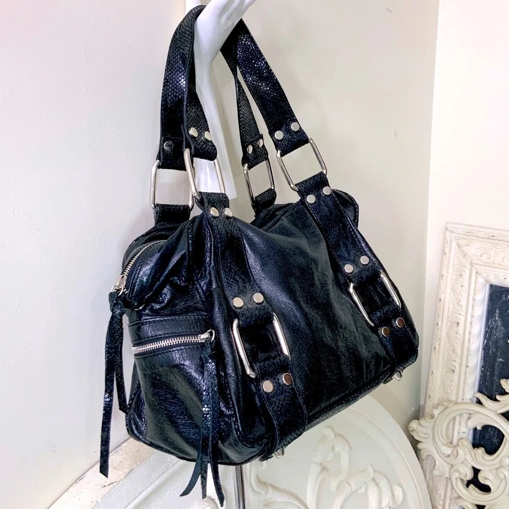 Python Embossed Leather Satchel Shoulder Bag