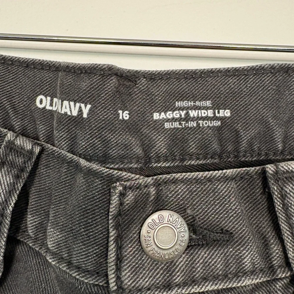 Old Navy Girls Jeans 16 Black High Rise Baggy Wide Leg Built-In Tough Adjustable