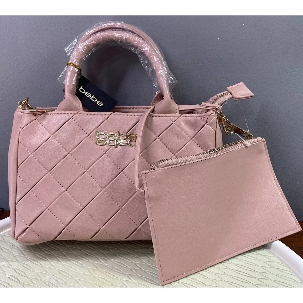 Bebe Everett Women Small Satchel Bag W/pouch Pink Quilted Soft Purse 6x9x4