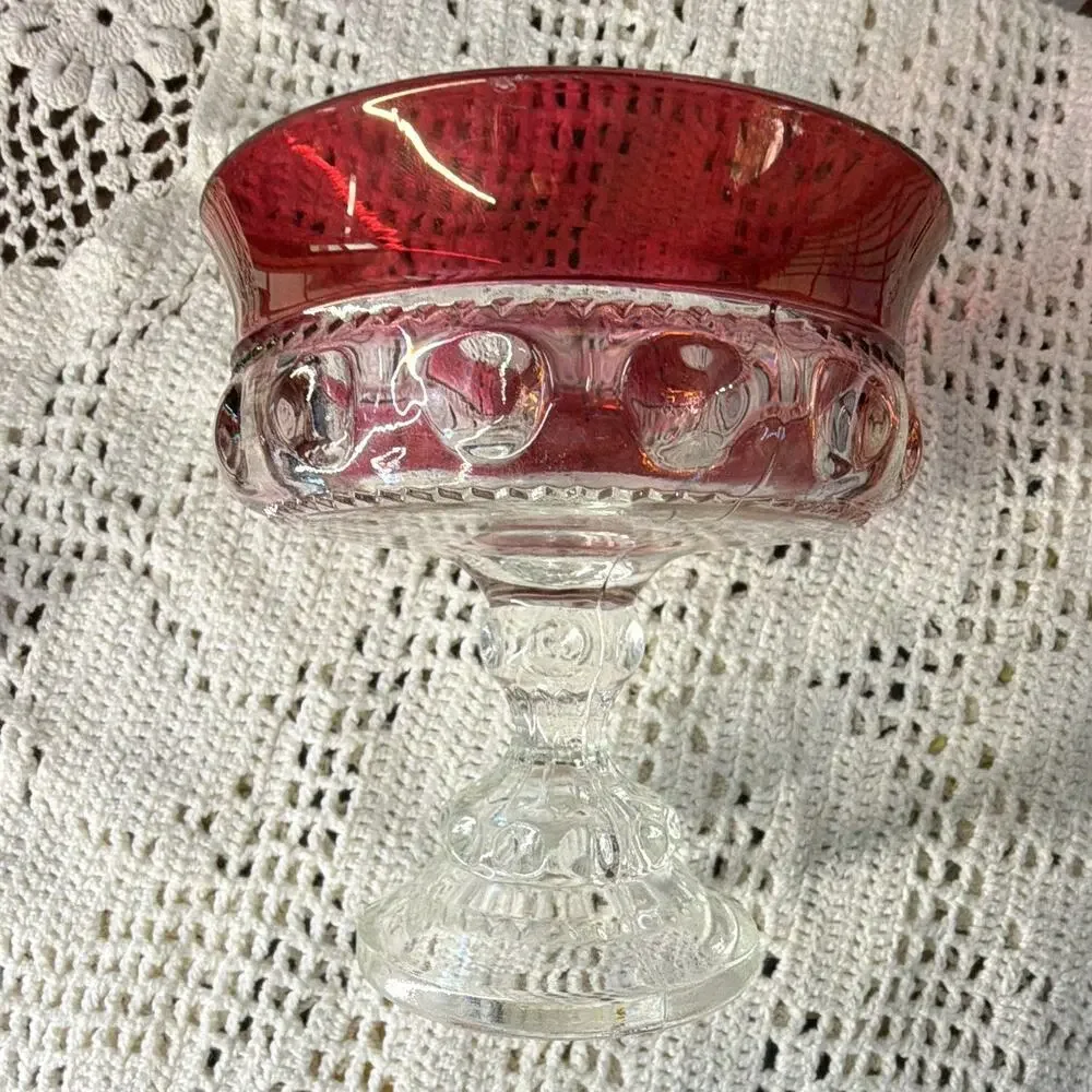 Indiana Glass compote dish in Kings Crown pattern with a Ruby Flash accent