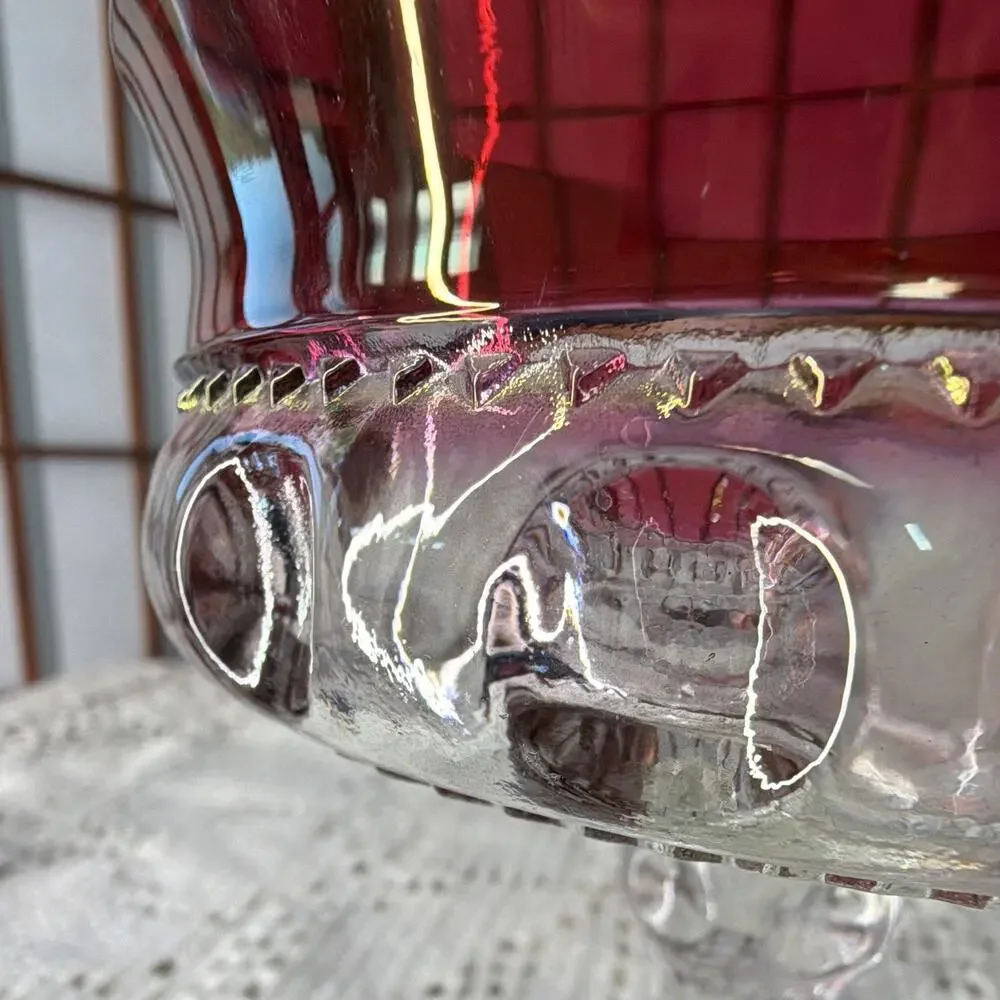Indiana Glass compote dish in Kings Crown pattern with a Ruby Flash accent