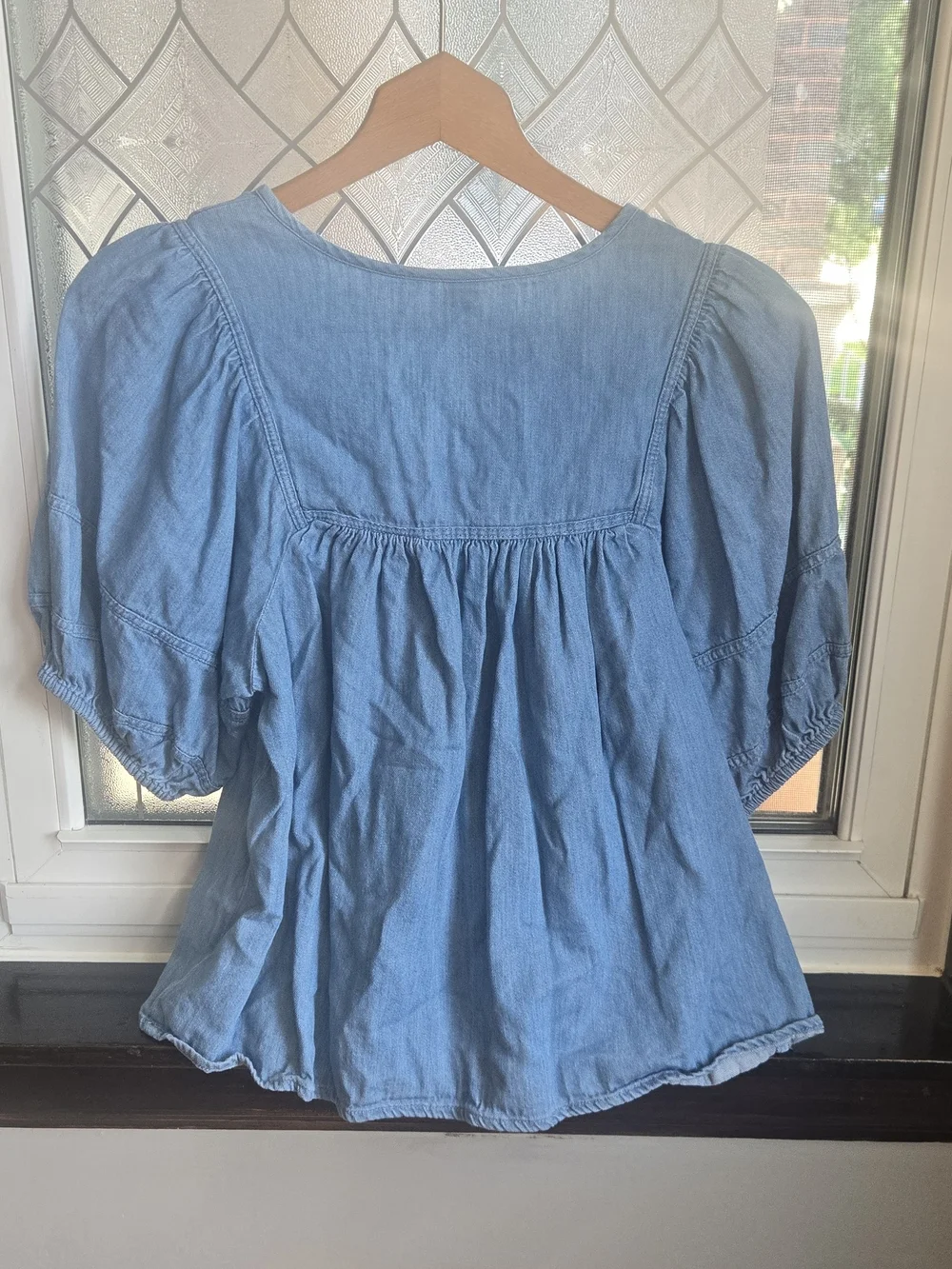 Old Navy Light Blue Denim  Top with Tie Neck
