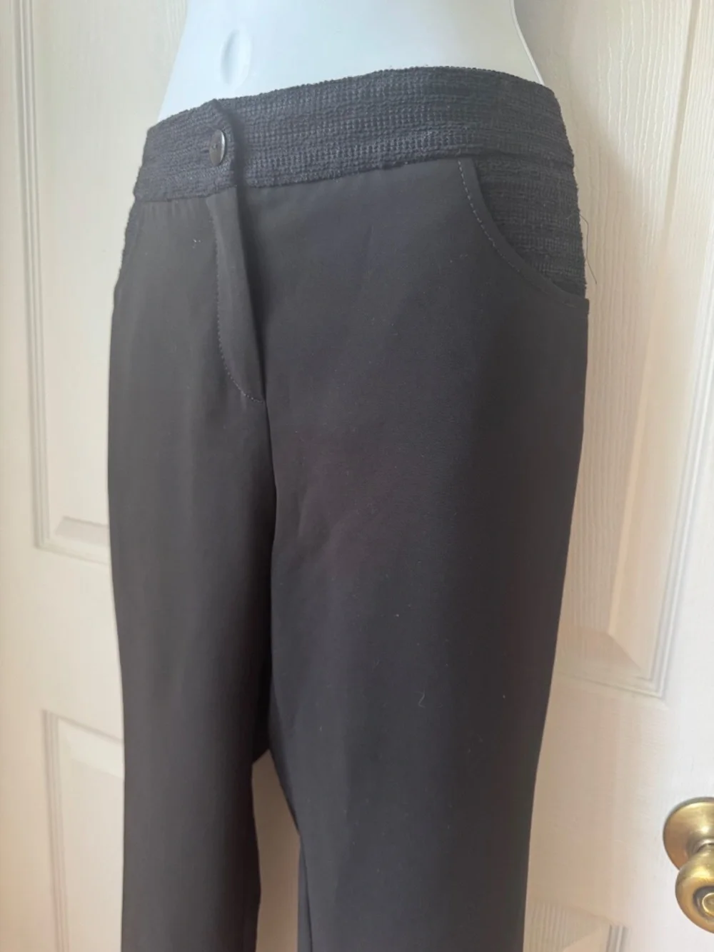 CHANEL Uniform Black Knit Waist Pants Women's Size 44 Straight Slit Leg