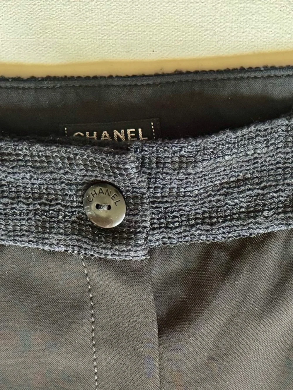 CHANEL Uniform Black Knit Waist Pants Women's Size 44 Straight Slit Leg