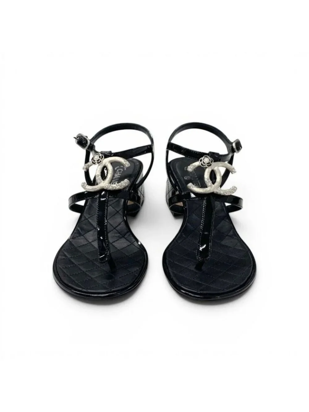 Chanel Sandals Shoes Patent Black Silver CC Logo Camellia Strap Thong
