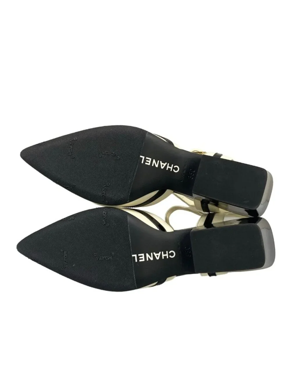 Chanel Pumps 35 C Black White CC Logo T-ton Slingback Ivory Heel