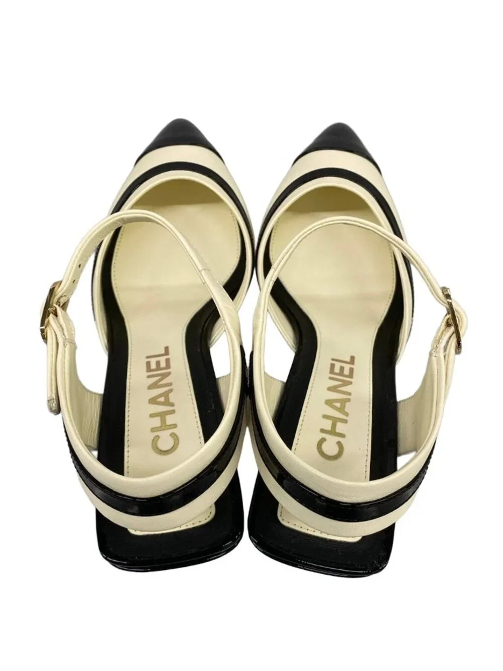 Chanel Pumps 35 C Black White CC Logo T-ton Slingback Ivory Heel