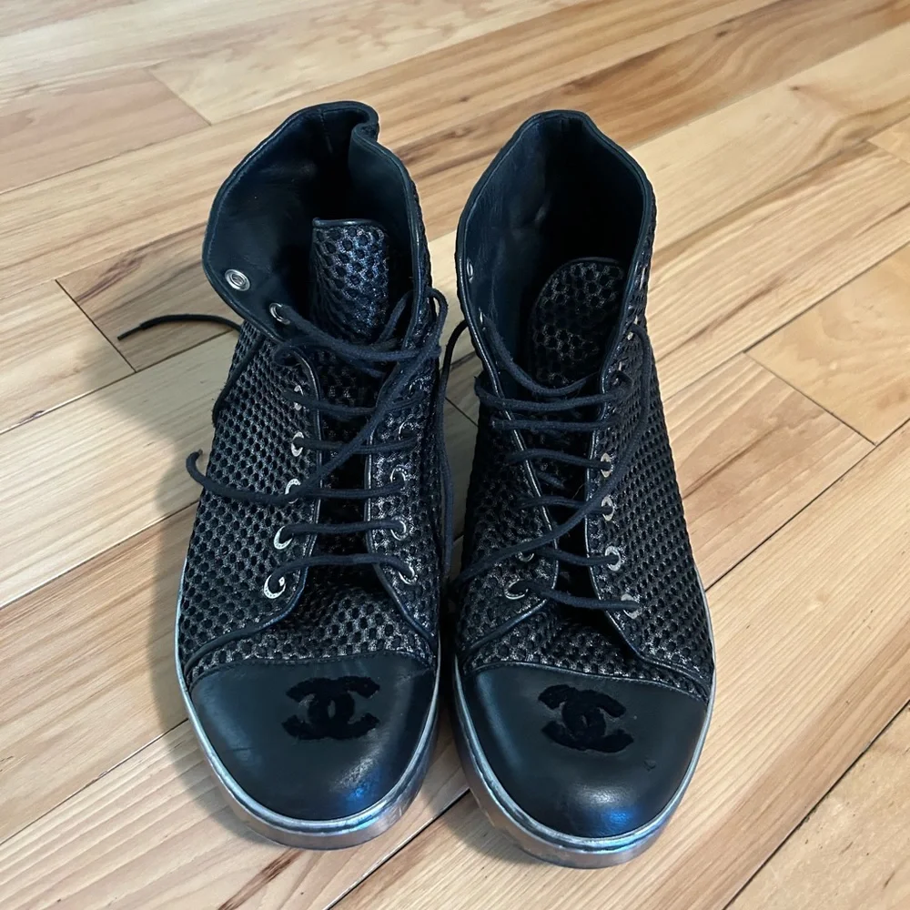CHANEL Black Woven High-Top Sneakers with Metallic Sole