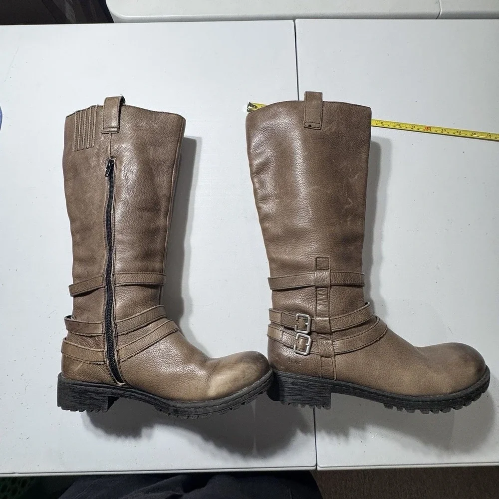 B.O.C. BORN Tan Leather Knee High Strappy Zip Calf Riding Boot SZ 9